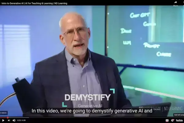 A screenshot of a YouTube video, where a man in a blue blazer and glasses speaks in front of a lightboard listing the names of various AI platforms. The phrase Demystify Generative AI is displayed on the screen, and the close captioning window shows that the man is currently saying: In this video, we're going to demystify generative AI.