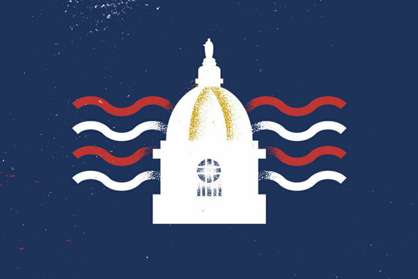 Stylized white and gold Main Building dome on a navy background with interspersed wavy red and white lines.