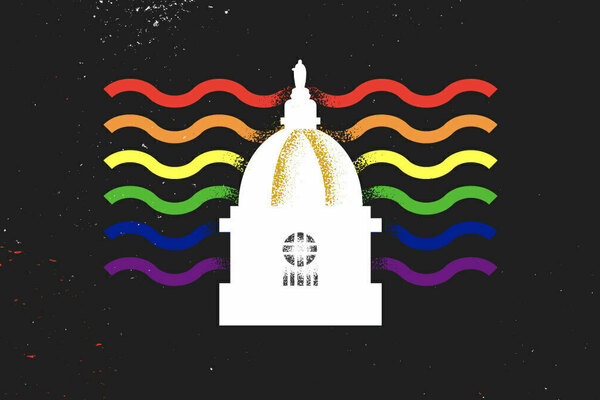 White silhouette of the Main Building dome at the University of Notre Dame with stylized red, orange, yellow, green, blue, and purple waves emanating from it on a black background.